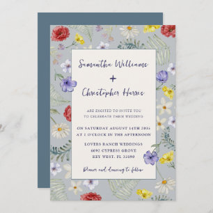 Whimsical Wildblume Dusty Blue Wedding Einladung