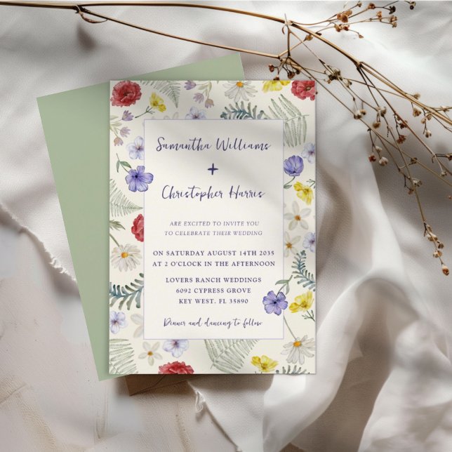 Whimsical Wildblume Ecru & Sage Wedding Einladung (Von Creator hochgeladen)