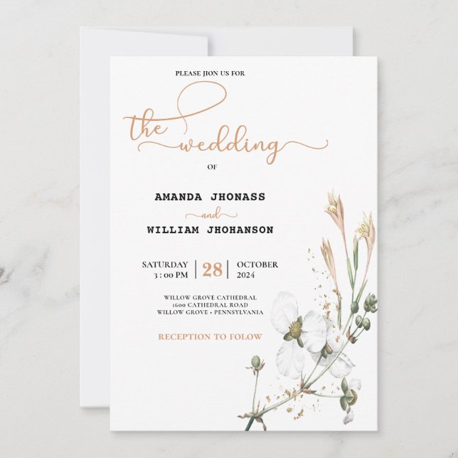 Whimsical Wildblume Meadow Kalligrafy Wedding Einladung (Vorderseite)
