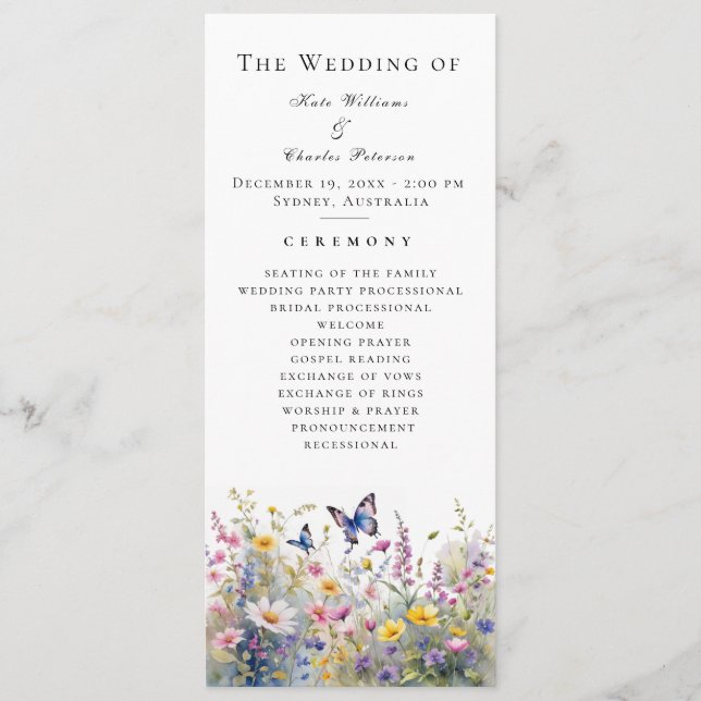 Whimsical Wildblume Meadows Wedding Program Menükarte (Vorderseite)