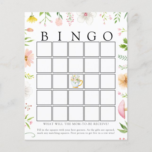 Whimsical Wildblume Tea Baby Bingo Game Card (Vorderseite)