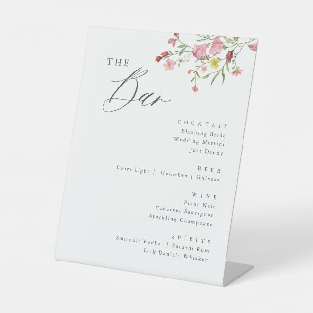 Whimsical Wildblume Wedding Bar Sign Sockelschild (Vorderseite)