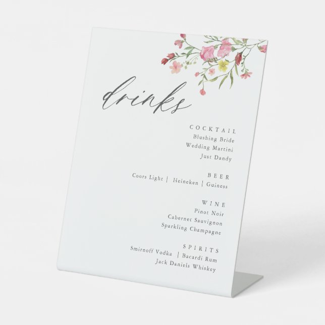 Whimsical Wildblume Wedding Drinks signieren Sockelschild (Vorderseite)