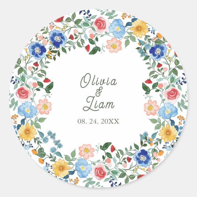 Whimsical Wildblumen Blumengarten Hochzeit Runder Aufkleber (Vorderseite)