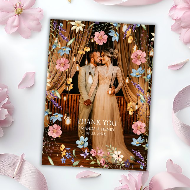 Whimsical Wildblumen Foto Garden Wedding Dankeskarte (Von Creator hochgeladen)