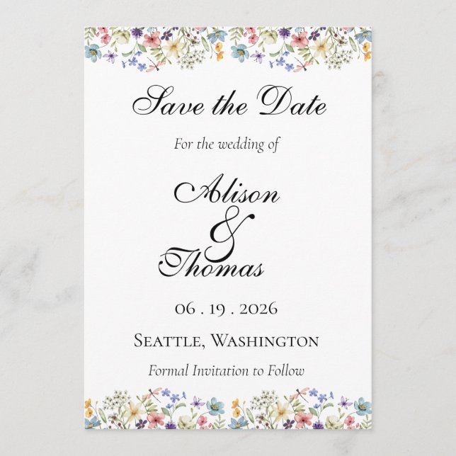 Whimsical Wildflower Meadow Wedding Save The Date (Vorderseite)