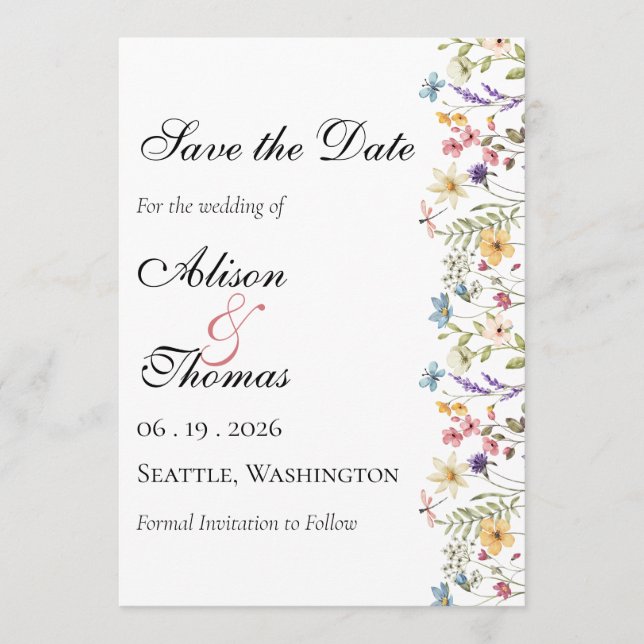Whimsical Wildflower Meadow Wedding Save The Date (Vorderseite)