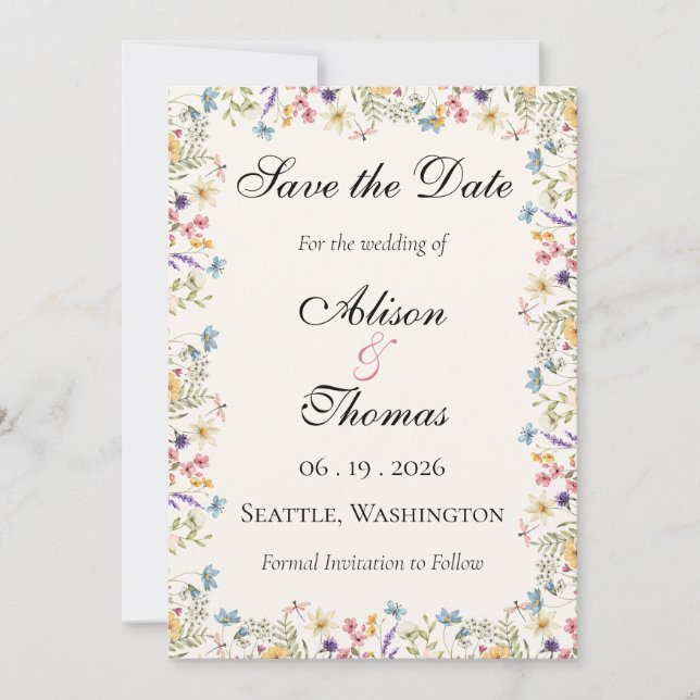 Whimsical Wildflower Meadow Wedding Save The Date (Vorderseite)