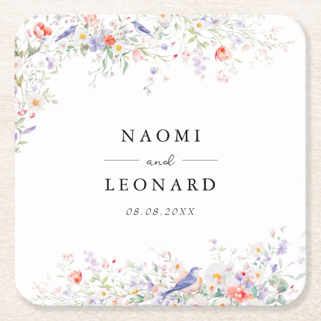 Whimsical Wildflowers & Blue Birds Watercolor Rechteckiger Pappuntersetzer (Vorderseite)