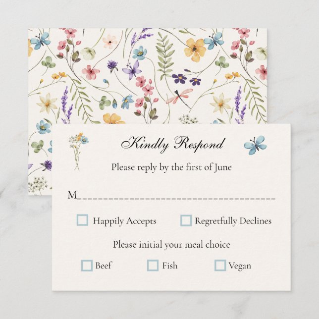 Whimsical Wildflowers Meadow Wedding  RSVP Karte (Vorne/Hinten)