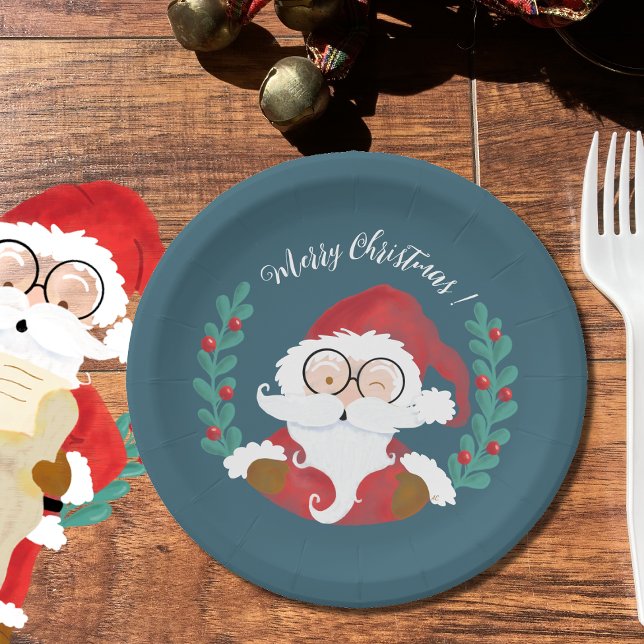 Whimsical Winking Santa Blue Weihnachtsdruckplatte Pappteller (Winking Santa Claus blue Holiday paper plates .)