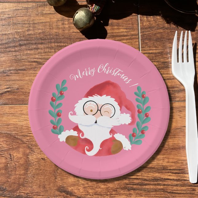 Whimsical Winking Santa Pink Weihnachtsdruckplatte Pappteller (Von Creator hochgeladen)