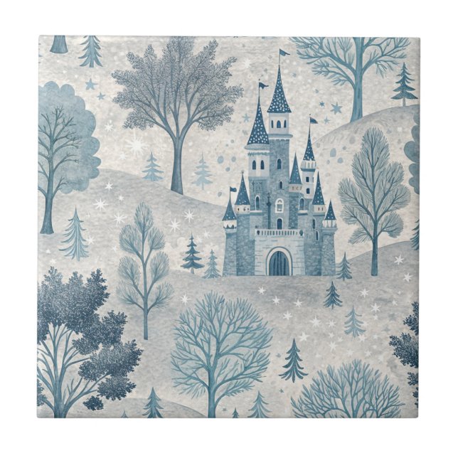 Whimsical Winter Castle Landschaft in Blue & Gray Fliese (Vorderseite)