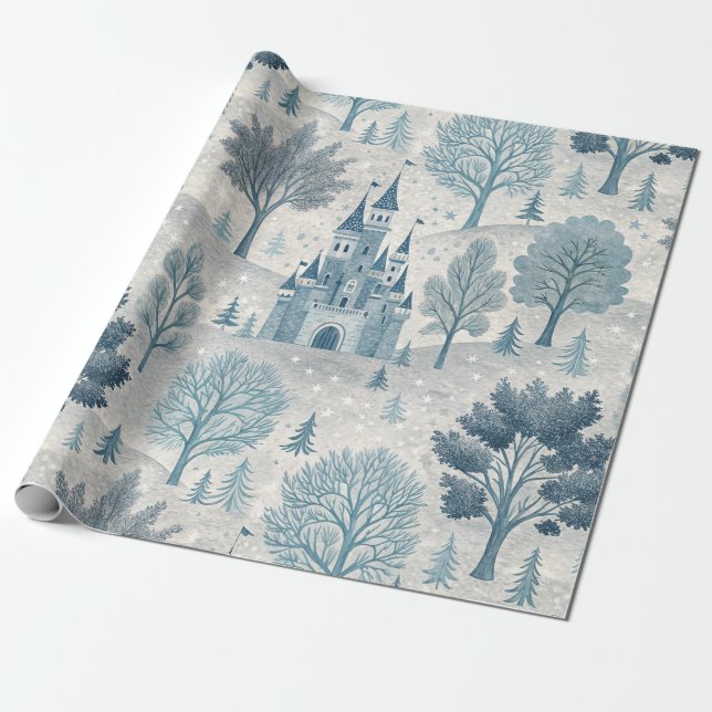 Whimsical Winter Castle Landschaft in Blue & Gray Geschenkpapier (Ungerollt)