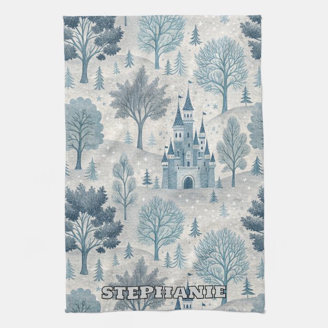 Whimsical Winter Castle Landschaft in Blue & Gray Geschirrtuch (Vertikal)