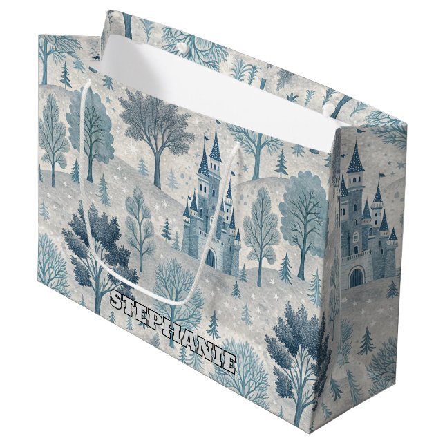 Whimsical Winter Castle Landschaft in Blue & Gray Große Geschenktüte (Vorderseite Schrägansicht)