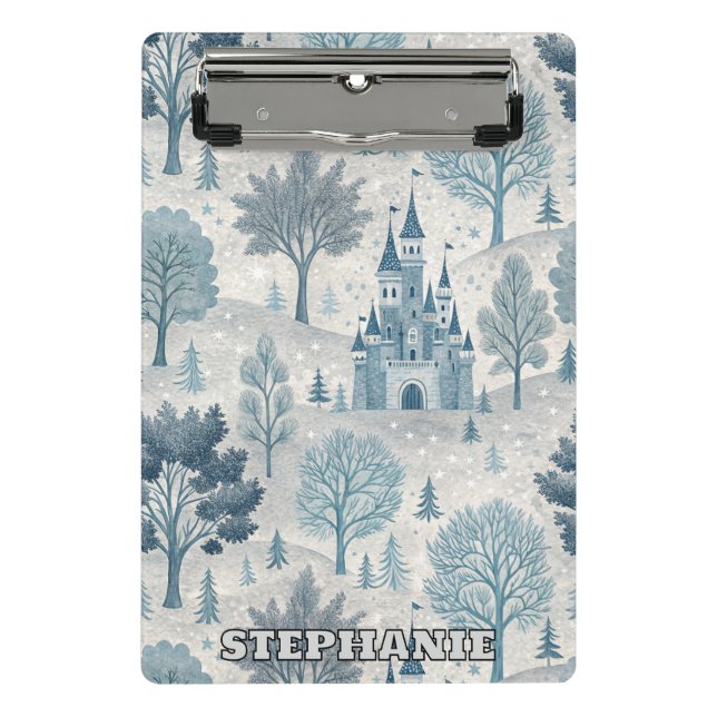 Whimsical Winter Castle Landschaft in Blue & Gray Mini Klemmbrett (Vorderseite)