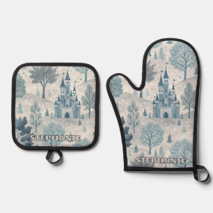 Whimsical Winter Castle Landschaft in Blue & Gray Ofenhandschuh & Topflappen-Set