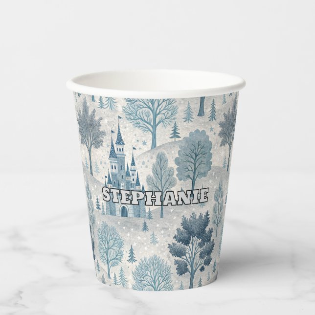 Whimsical Winter Castle Landschaft in Blue & Gray Pappbecher (Vorderseite)