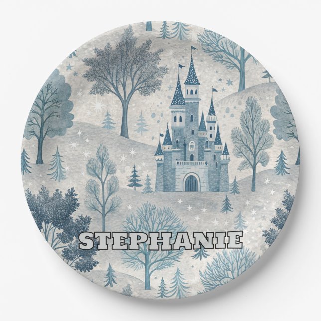 Whimsical Winter Castle Landschaft in Blue & Gray Pappteller (Vorderseite)