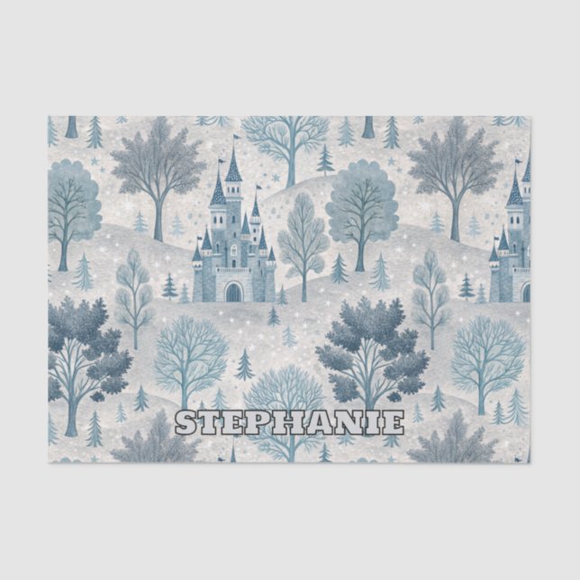 Whimsical Winter Castle Landschaft in Blue & Gray Seidenpapier (Vorderseite)