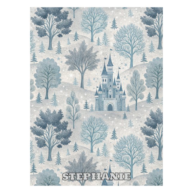Whimsical Winter Castle Landschaft in Blue & Gray Tischdecke (Vorderseite)