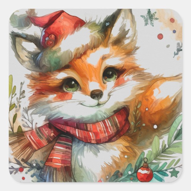 Whimsical Winter Fox Quadratischer Aufkleber (Vorderseite)