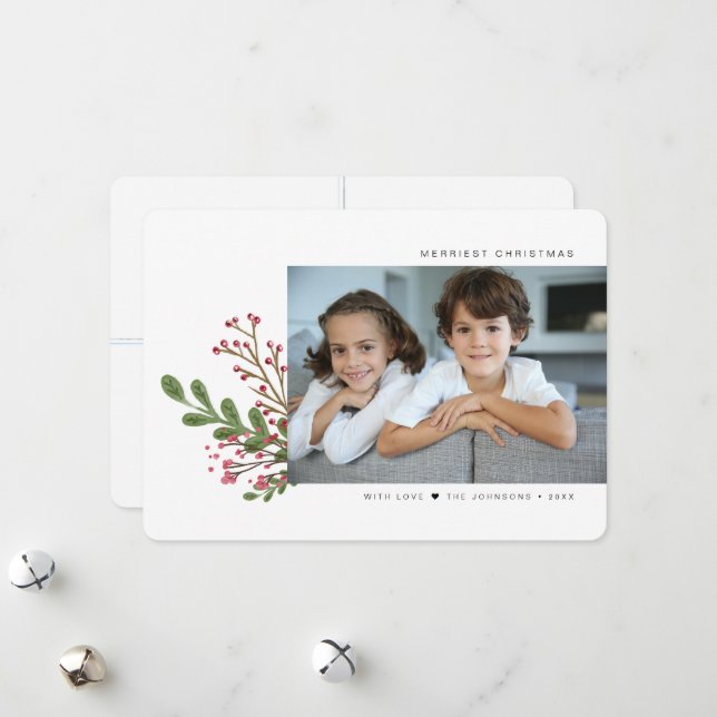 Whimsical Winter Greenery 5 Foto Feiertagskarte (Vorderseite/Rückseite Beispiel)