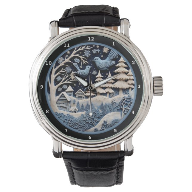 Whimsical Winter Holiday Birds in Forest Armbanduhr (Vorderseite)