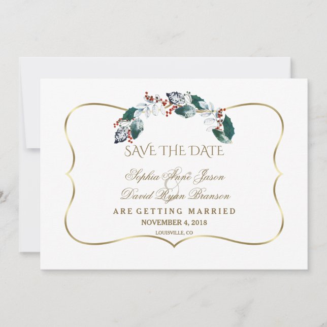 Whimsical Winter Holy Berries Kreath Save the Date (Vorderseite)