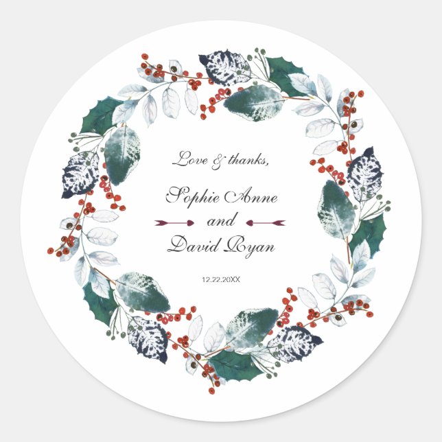 Whimsical Winter Holy Berries Wreath Wedding Runder Aufkleber (Vorderseite)
