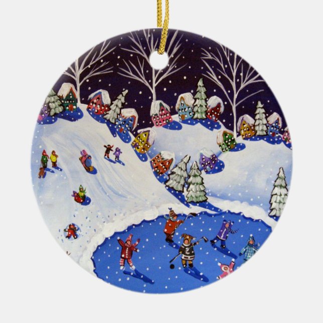 Whimsical Winter Ice Skater Schlittenfahrer Zierbe Keramik Ornament (Vorne)
