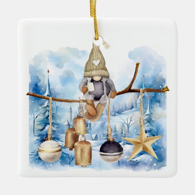 Whimsical Winter Lady Gnome Frohe Weihnachten Keramikornament (Vorderseite)