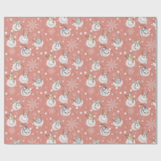 Whimsical Winter Snowmen at Play Muted Coral Pink Geschenkpapier