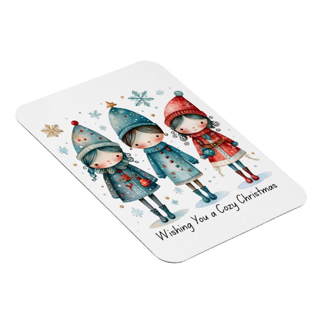 Whimsical Winter Trio- 3 Kids in Blue & Red Coats Magnet (Rechte Seite)