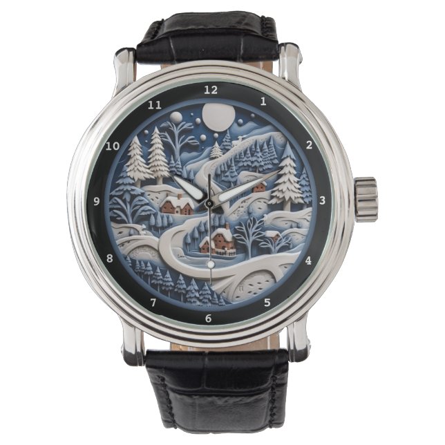 Whimsical Winter Village Beneath Starry Sky Armbanduhr (Vorderseite)
