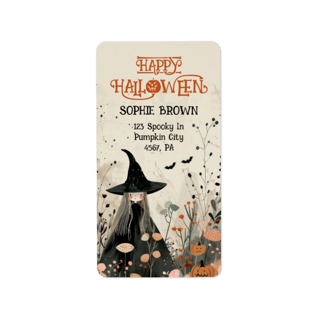 Whimsical Witch Fall Foliage Happy Halloween Adressaufkleber (Vorne)