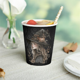 Whimsical Witch on Black Damask Pappbecher