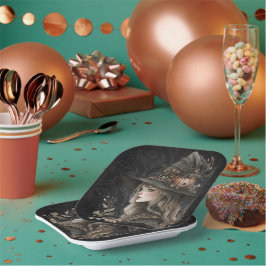 Whimsical Witch on Black Damask Pappteller