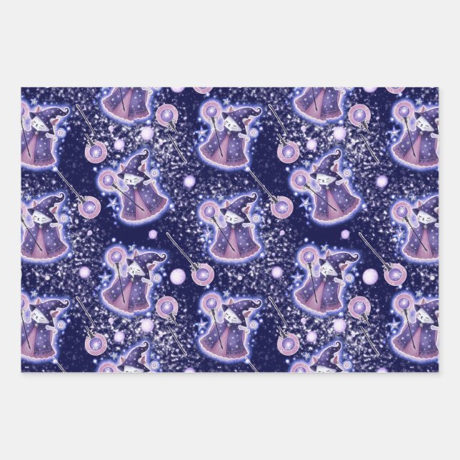 Whimsical Wizard Cat Gift Wrap | Celestial Fantasy Geschenkpapier Set (Vorderseite)