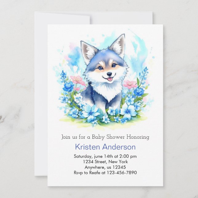 Whimsical Wolf Niedlich Watercolor Boy Babydusche Einladung (Vorderseite)