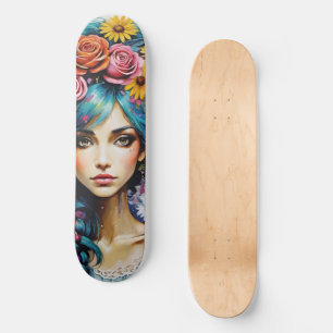 Whimsical Woman's Face Floral Skateboard