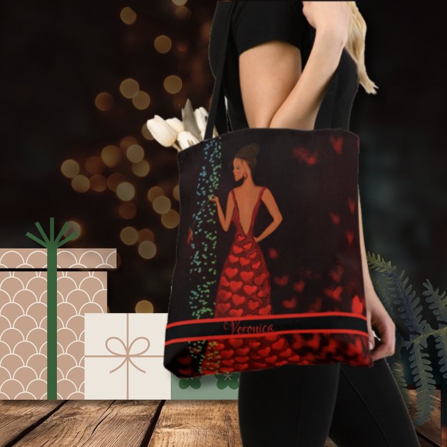 Whimsical Women in Red Dress Tote Bag (Modern tote bag with woman in red dress)