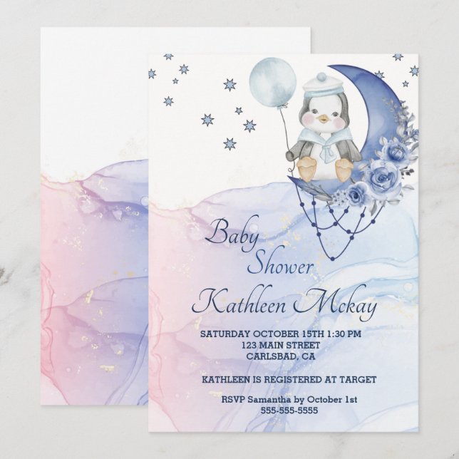 Whimsical Wonderland Blue Penguin Baby Duschjunge Einladung (Vorne/Hinten)