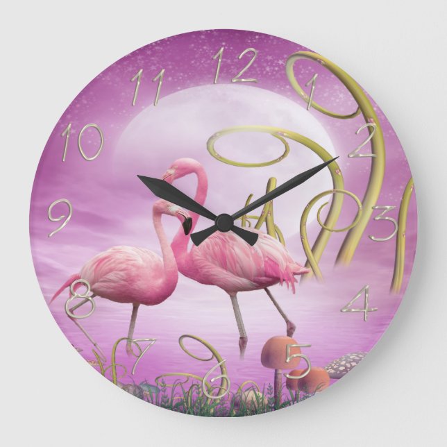 Whimsical Wonderland Pink Flamingos Clock Große Wanduhr (Vorderseite)
