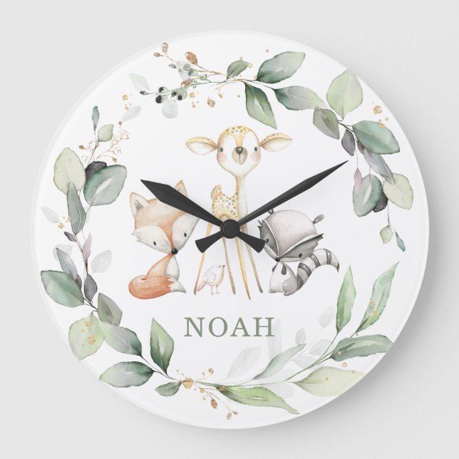 Whimsical Woodland Animals Greenery Boy Girl Room Große Wanduhr (Vorderseite)