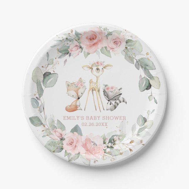Whimsical Woodland Animals Pink Floral Baby Dusche Pappteller (Vorderseite)