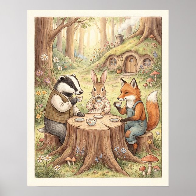 Whimsical Woodland Animals Tea Party Nursery Poster (Vorne)