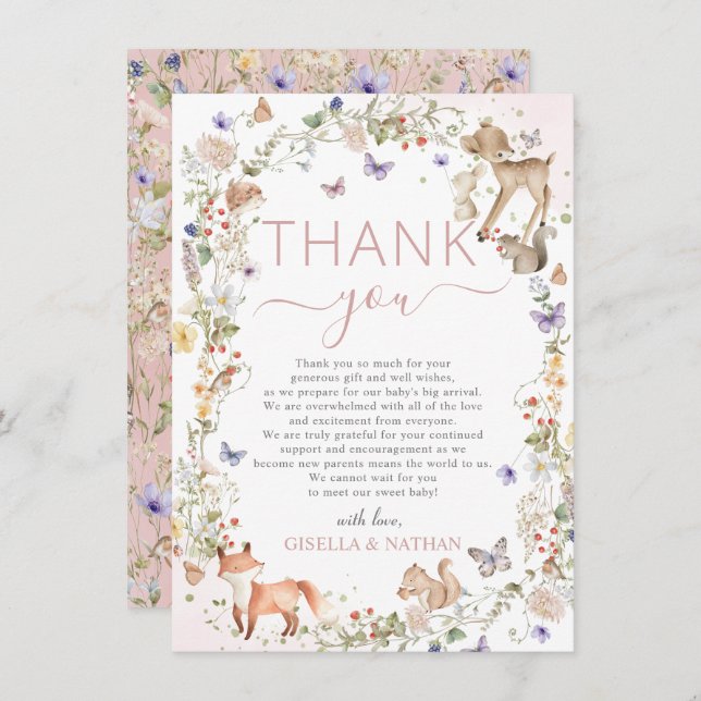 Whimsical Woodland Animals Wildflower Baby Shower Dankeskarte (Vorne/Hinten)