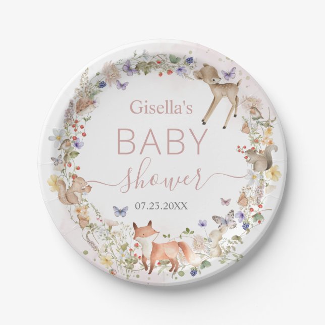 Whimsical Woodland Animals Wildflower Baby Shower  Pappteller (Vorderseite)
